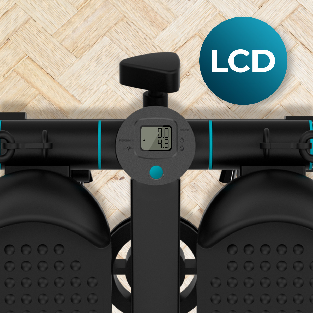 Una máquina de ejercicio negra con pantalla LCD y fondo de madera en espiga.