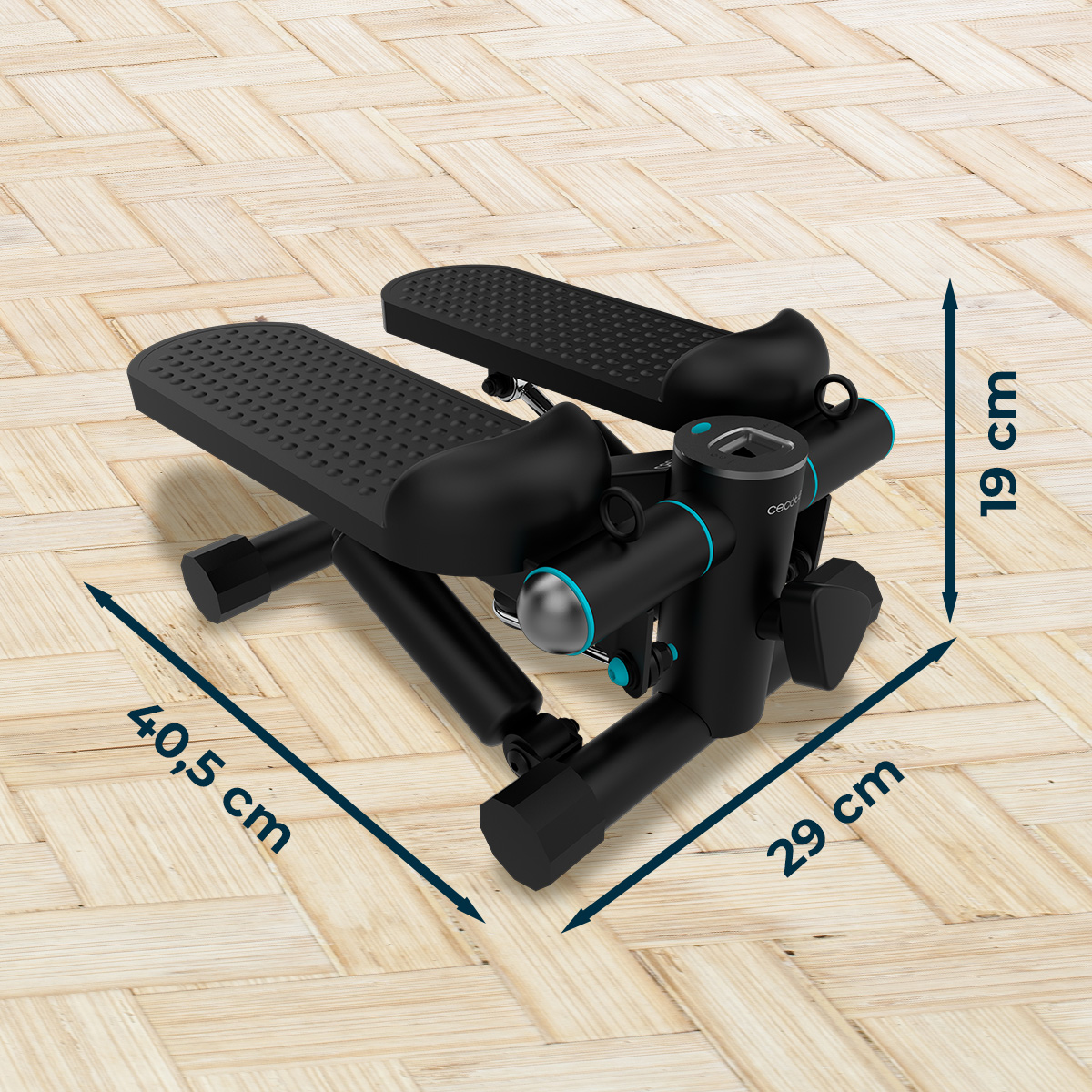 Mini escaladora negra con detalles azules y dimensiones sobre suelo de madera.
