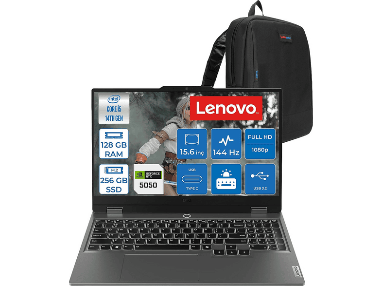LENOVO LOQ DDR5 8 GB /RTX5050 /100 W 83JE0128TRF36 Intel Core i5 14500HX 128 GB RAM 256 GB SSD 15,6 inç FreeDOS Laptop+Çanta Luna Grey