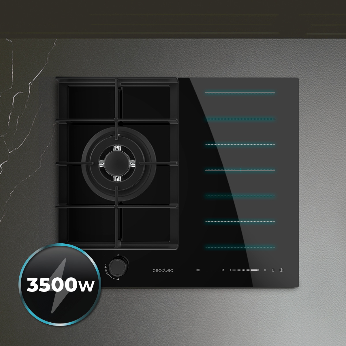 Placa negra con quemador de gas y plancha teppanyaki, controles táctiles integrados y 3500W de potencia.