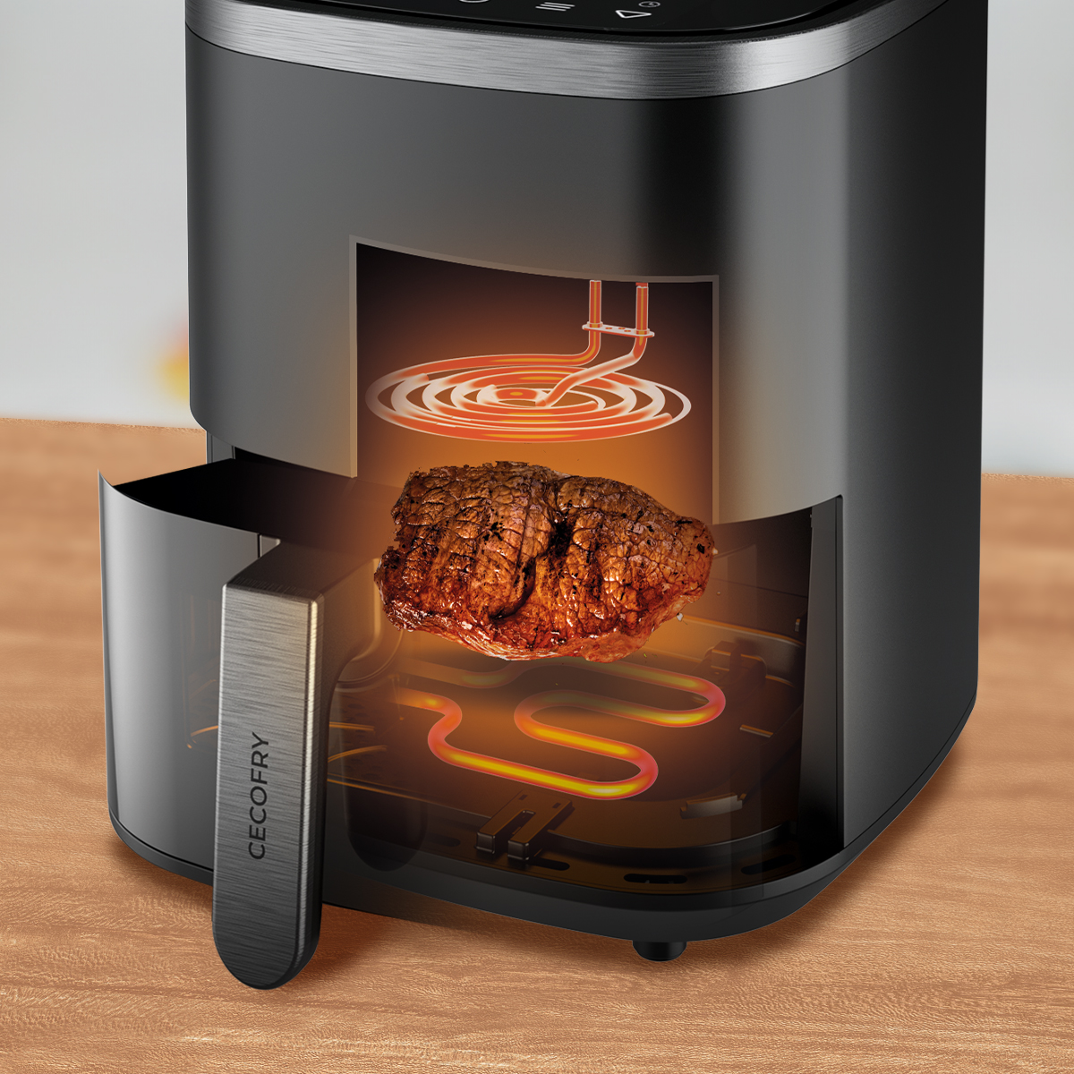 Una friggitrice ad aria nera con un cestello aperto mostra una fetta di carne in cottura e resistenze riscaldanti incandescenti.