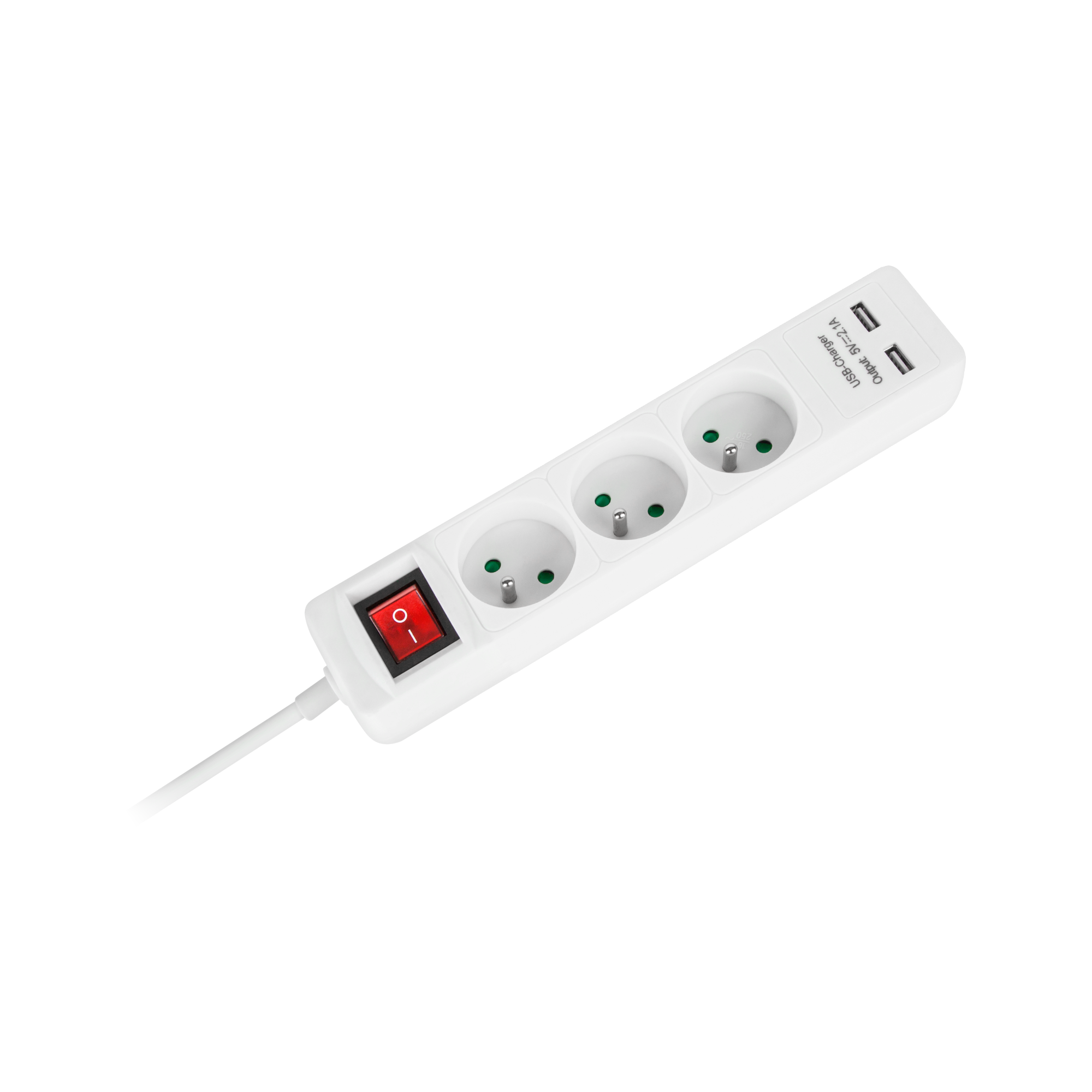 Biała listwa zasilająca z trzema gniazdami, czerwonym wyłącznikiem i dwoma portami USB na czarnym tle.