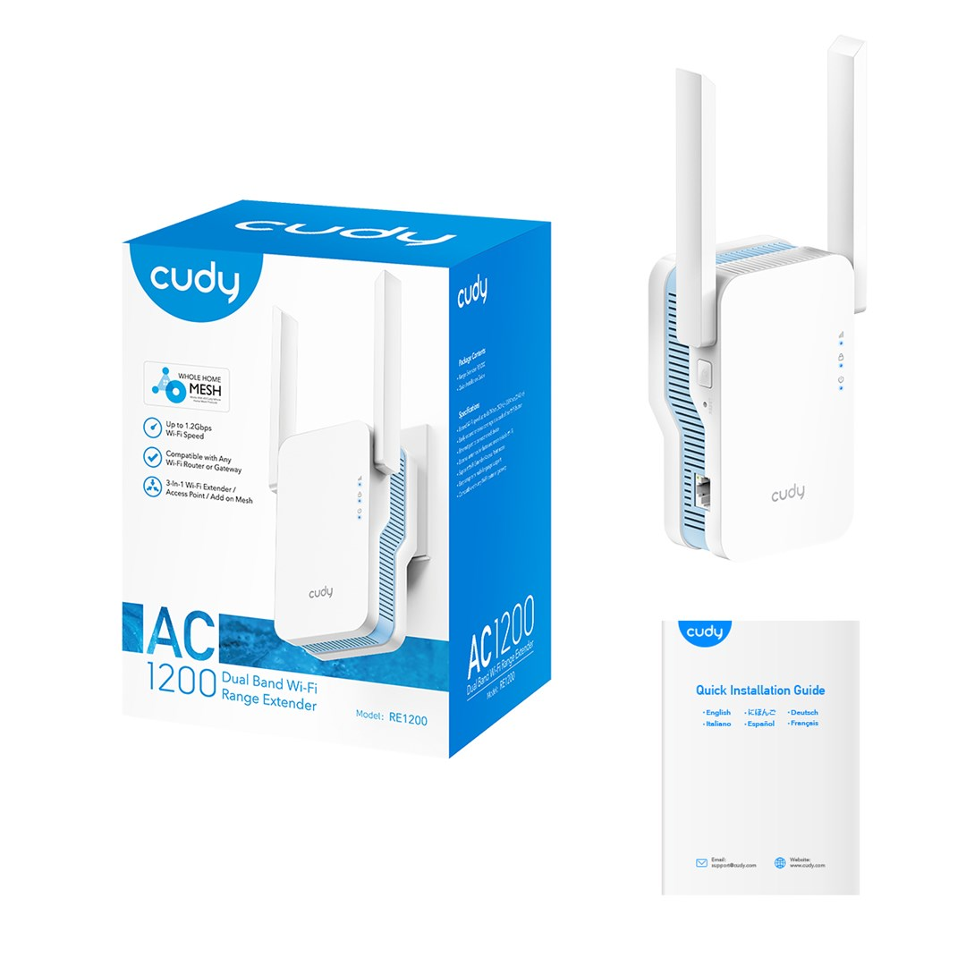 Cudy AC1200 Dual-Band-WLAN-Verstärker mit Verpackung und Installationsanleitung auf weißem Hintergrund.