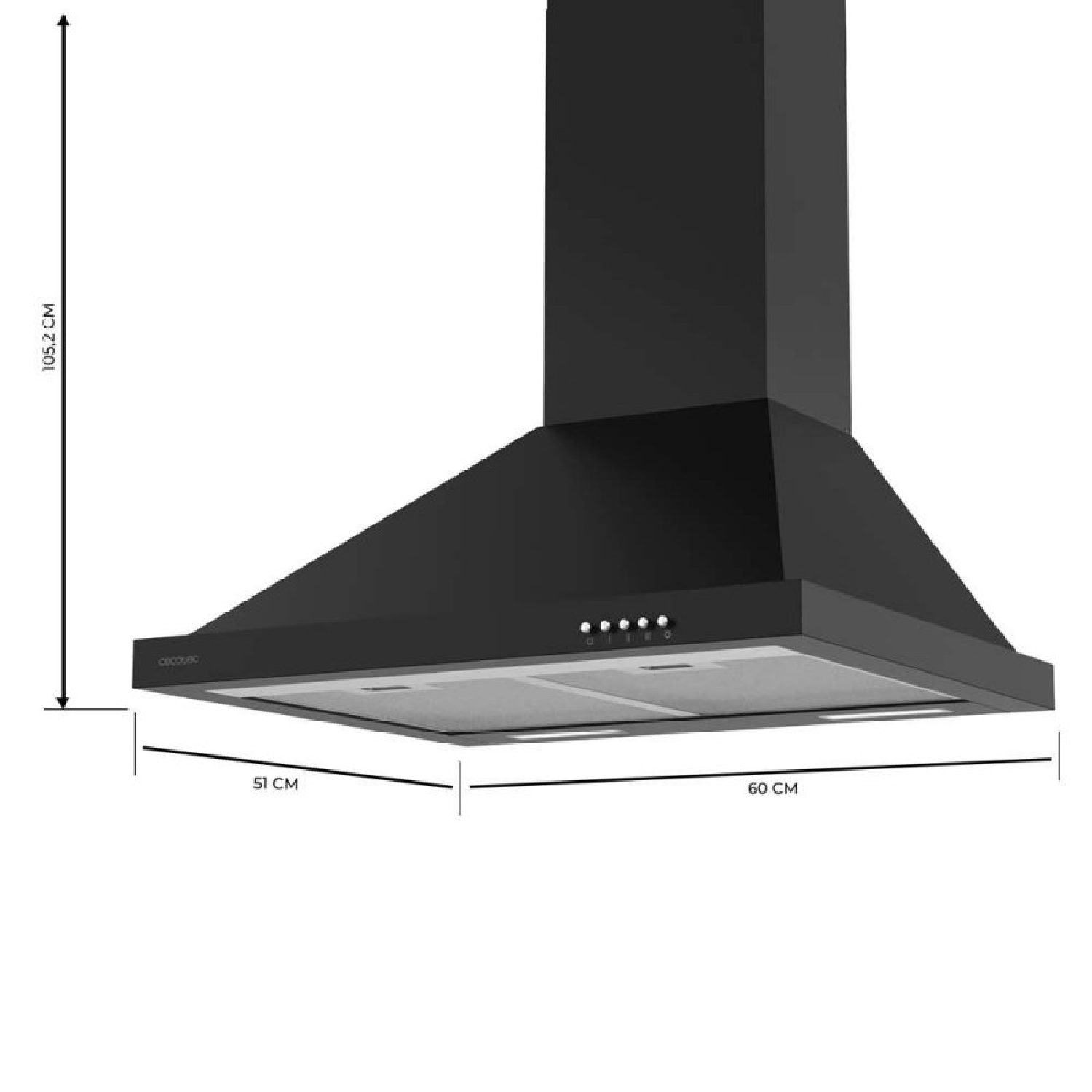 Campana extractora de cocina negra con dimensiones de 105,2 cm de alto, 60 cm de ancho y 51 cm de profundidad.