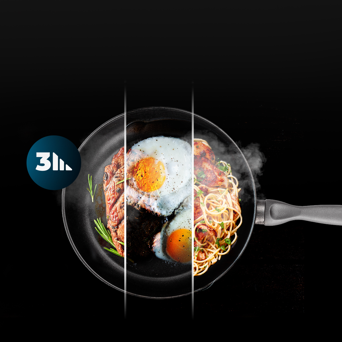 Una sartén muestra tres secciones de comida: bistec, huevos fritos y pasta humeante sobre fondo oscuro.