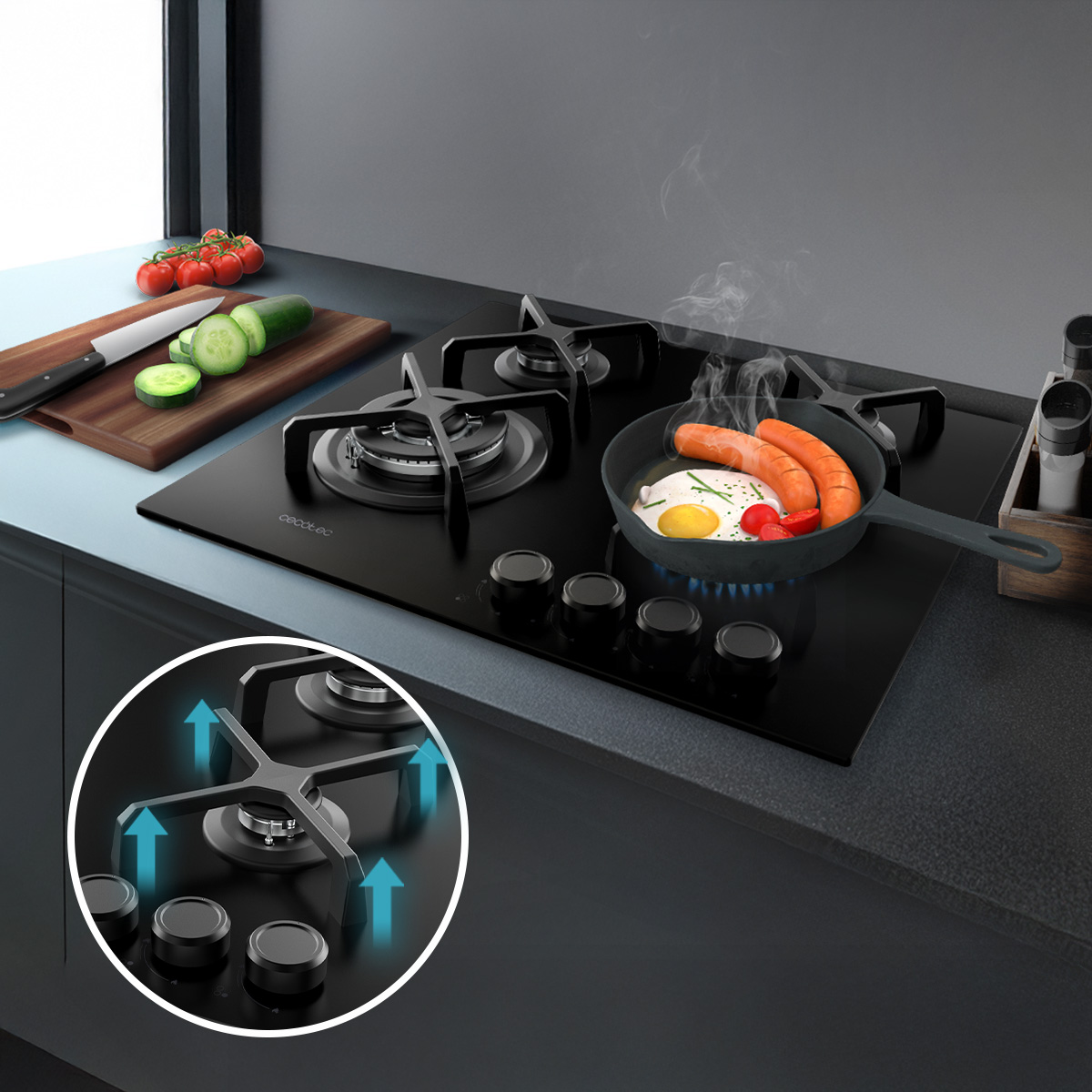 Placa de gas negra con sartén cocinando huevo y salchichas. Tabla de cortar con verduras a la izquierda.