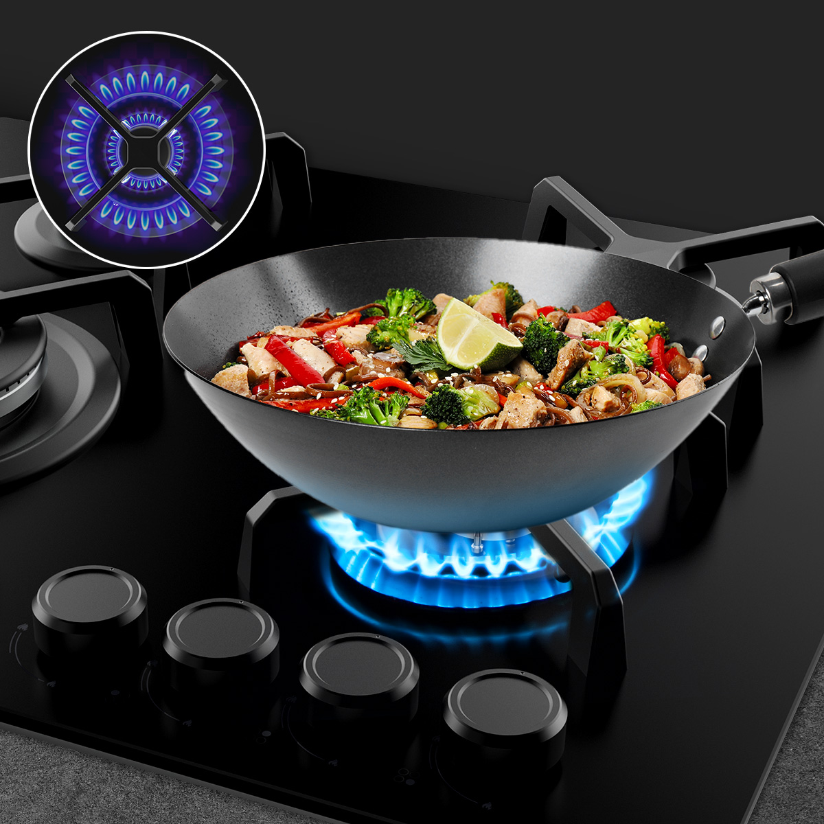 Un wok con verduras y pollo cocinándose en una estufa de gas con llama azul y cuatro perillas.
