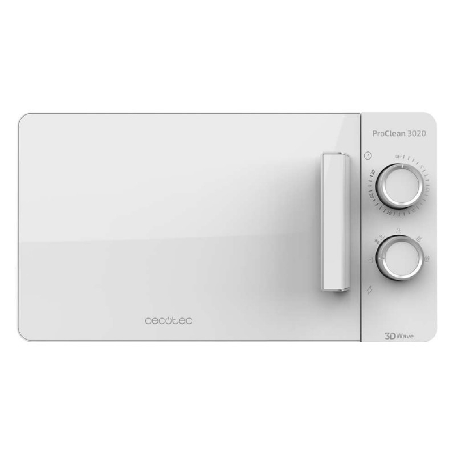 Eine weiße Cecotec ProClean 3020 Mikrowelle mit zwei silbernen Reglern und einem Griff vor weißem Hintergrund.