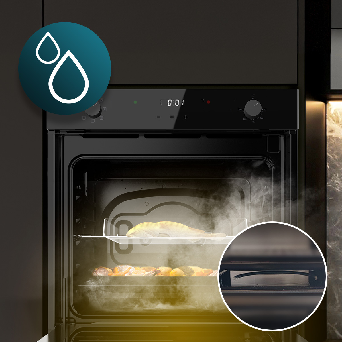 Un horno negro moderno cocina pescado con vapor, con dos gráficos circulares de gotas de agua y bandeja de agua.