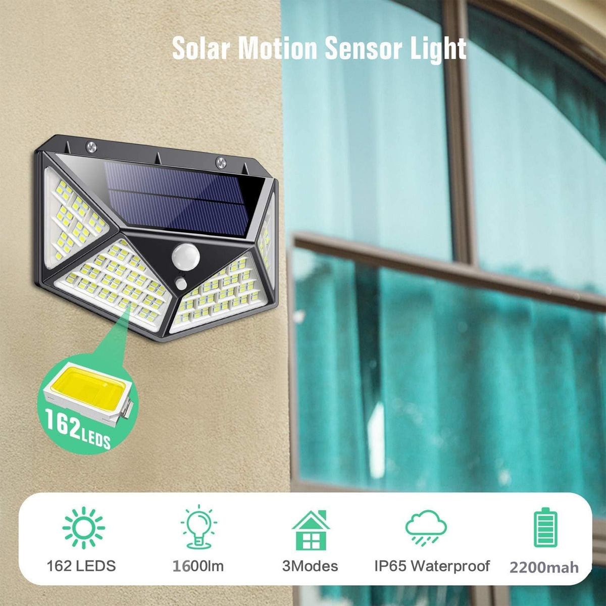 Solar-Bewegungsmelder-Licht an einer Wand mit 162 LEDs, 1600lm, 3 Modi, wasserdicht und Akku-Spezifikationen.