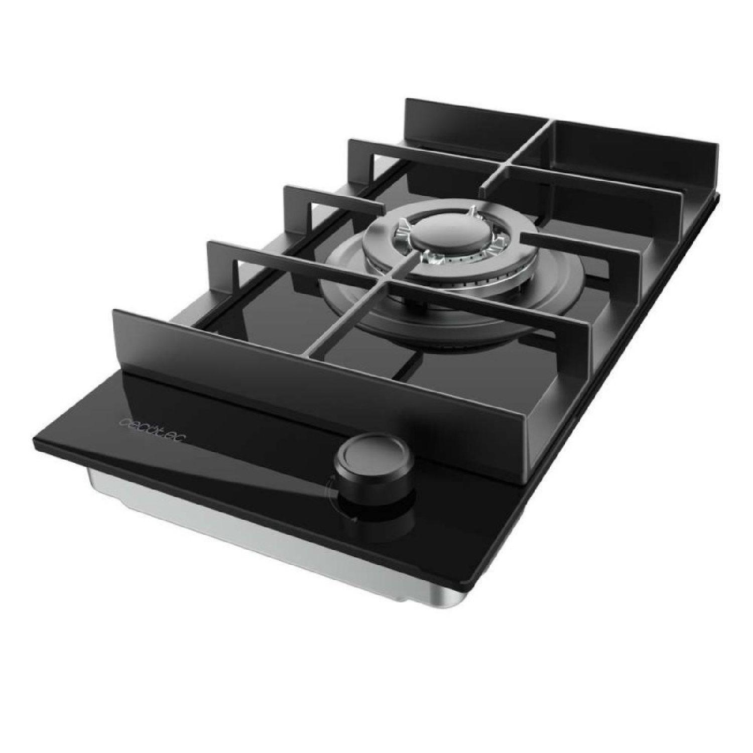 Una encimera de gas de vidrio negro con un quemador central y una perilla de control frontal.
