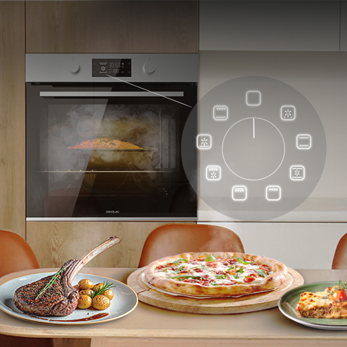 Cocina moderna con pizza, chuletón y panel de control digital junto a un horno humeante.