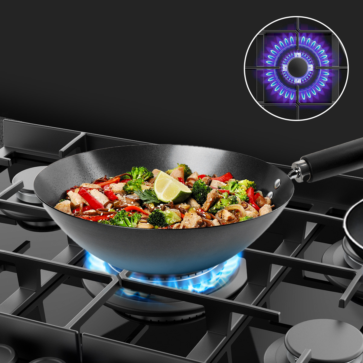 Un wok con verduras y carne se cocina en una llama de gas azul. Arriba a la derecha se ve un quemador de gas azul.