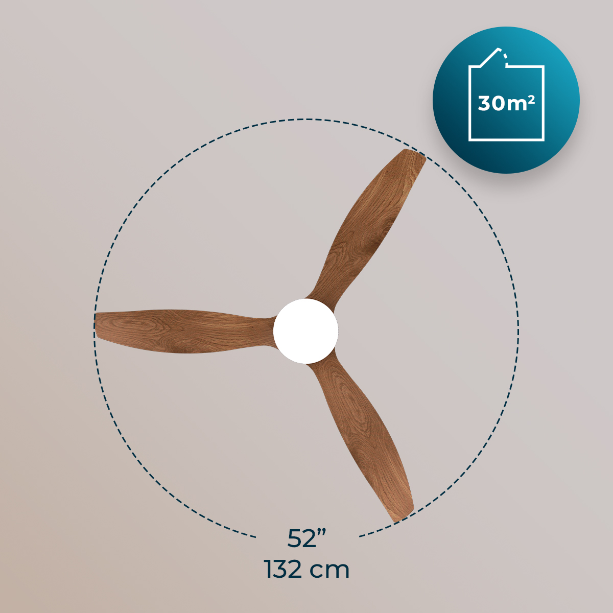 Un ventilador de techo de 3 aspas de madera con 132 cm de diámetro para 30m².