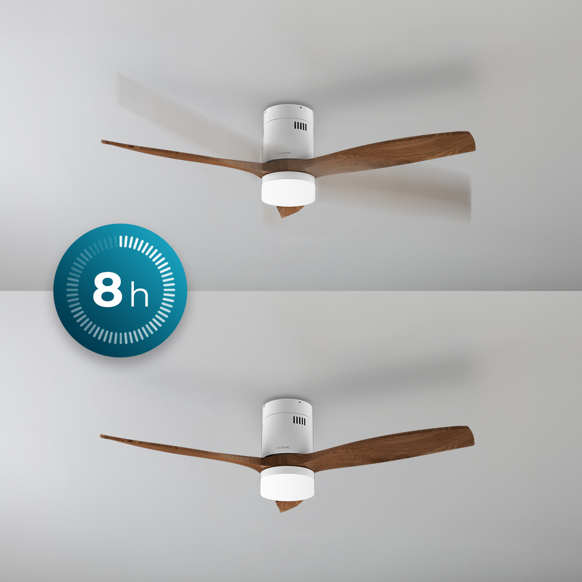Dos vistas de un ventilador de techo blanco con aspas de madera y luz, con un icono de 8 horas a la izquierda.