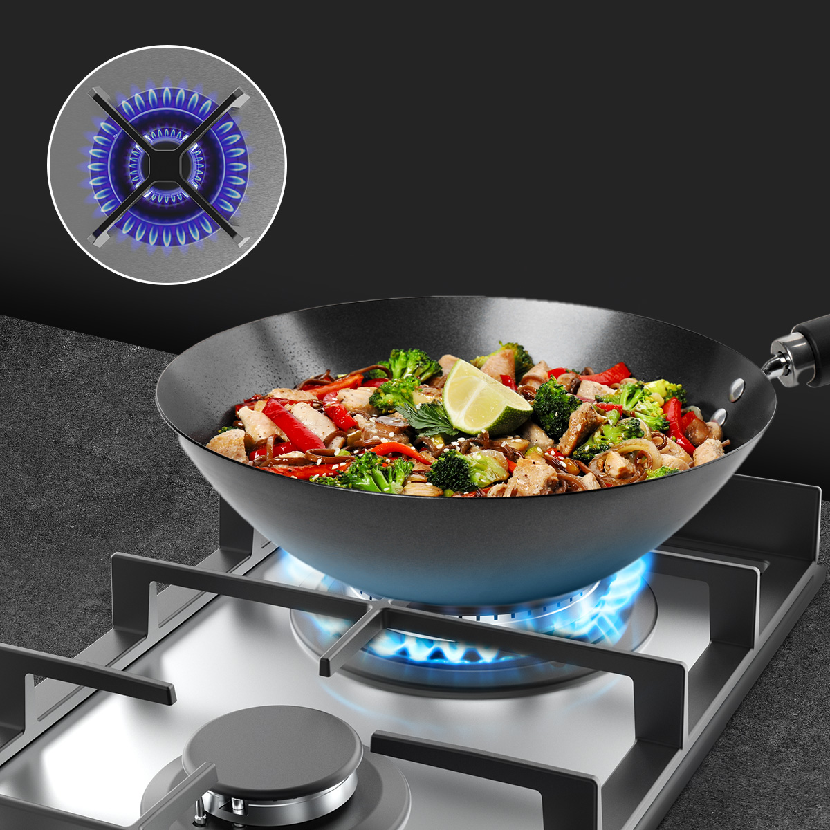 Una sartén wok con verduras y carne en una estufa de gas encendida, con vista de llama.