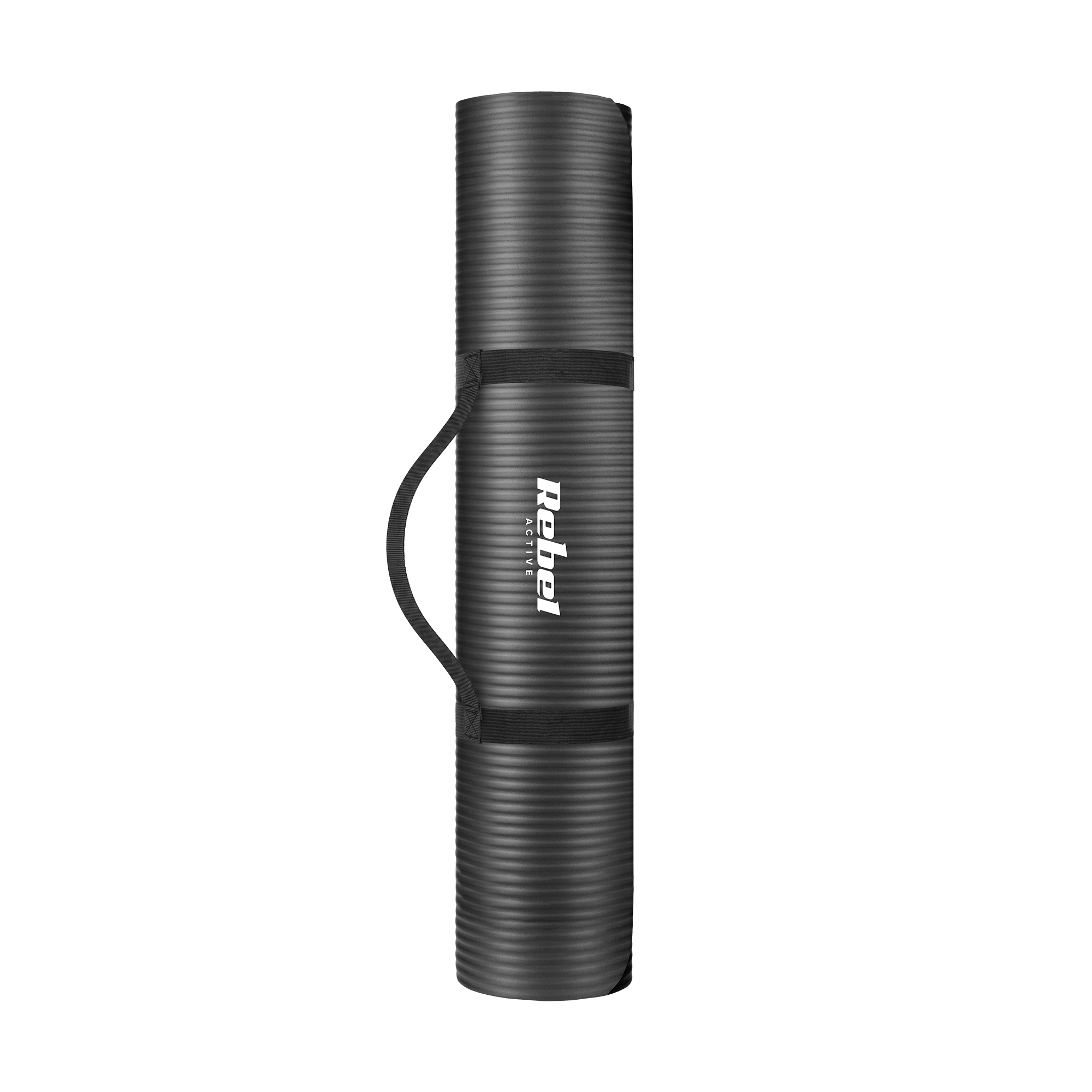 Zwinięta szara mata fitness Rebel Active z paskiem do noszenia na czarnym tle.