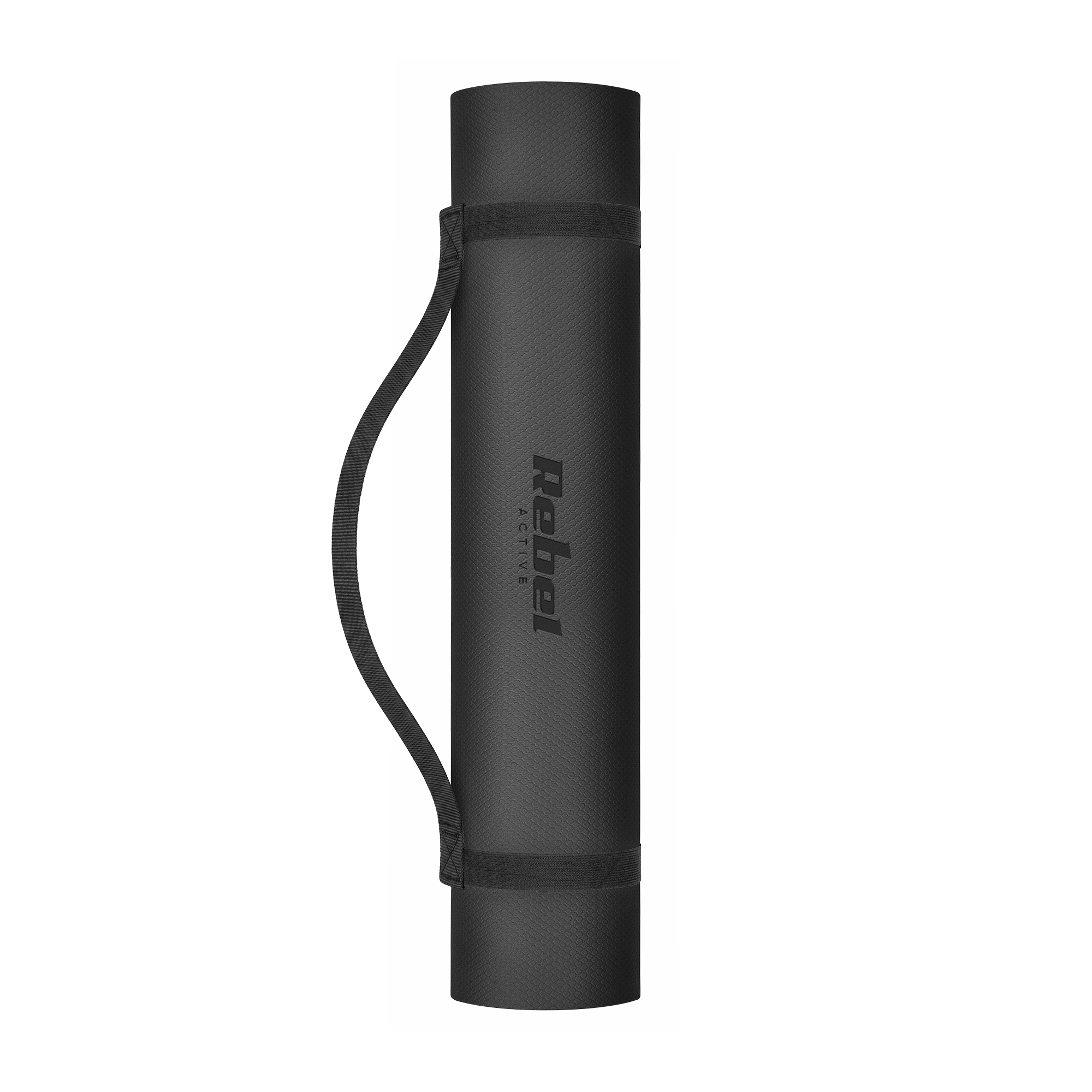 Zwinięta czarna mata fitness z paskiem do noszenia i logo Rebel Active na czarnym tle.