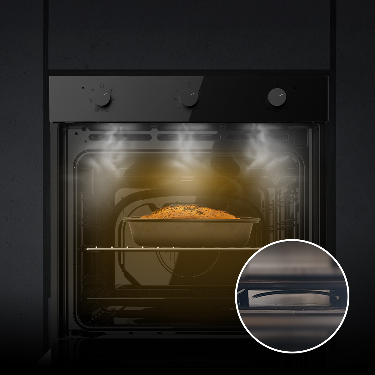 Un horno iluminado con una hogaza de pan en una bandeja y vapor dentro.