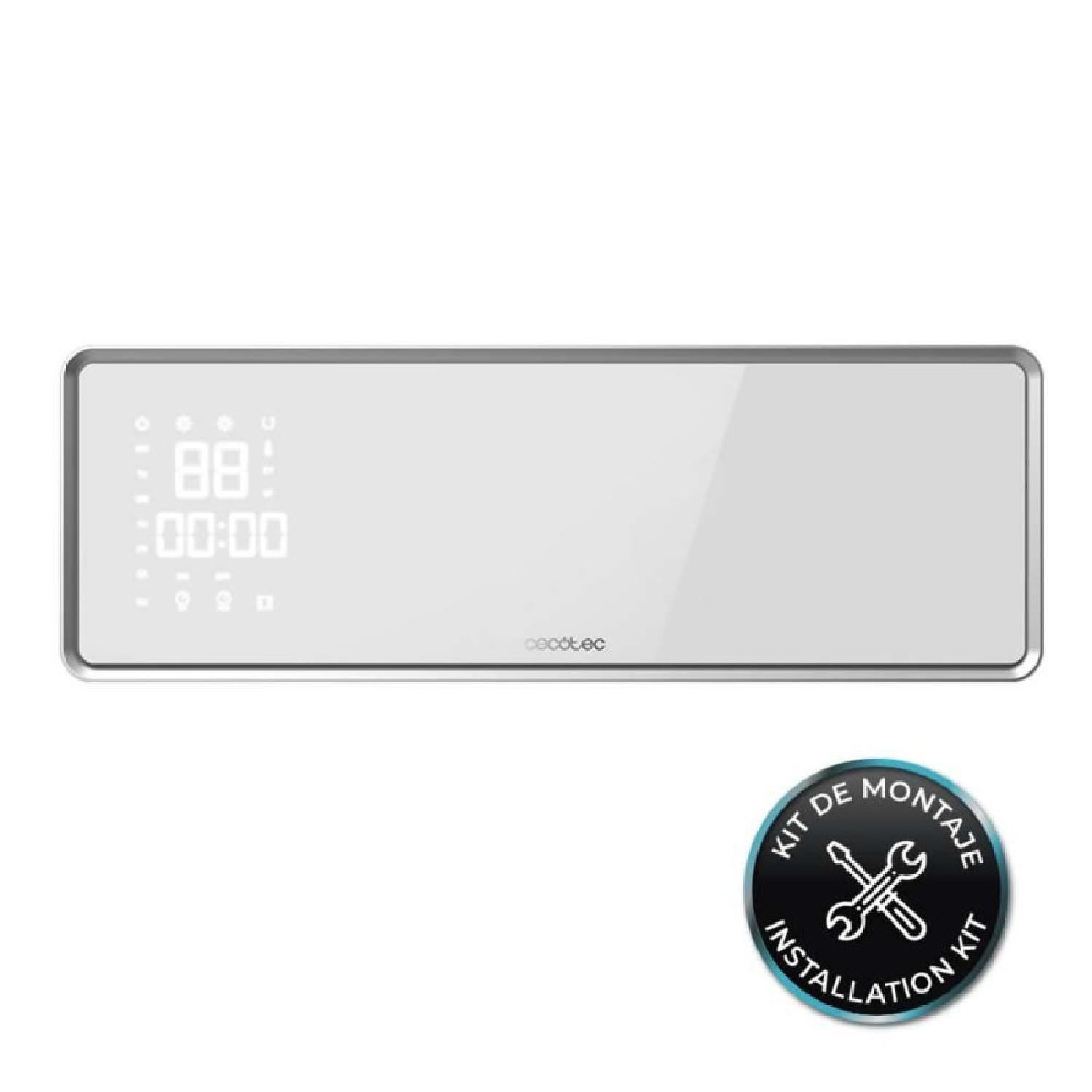 Un pannello riscaldante bianco con display digitale e logo cecotec, accompagnato da un'icona del kit di installazione.