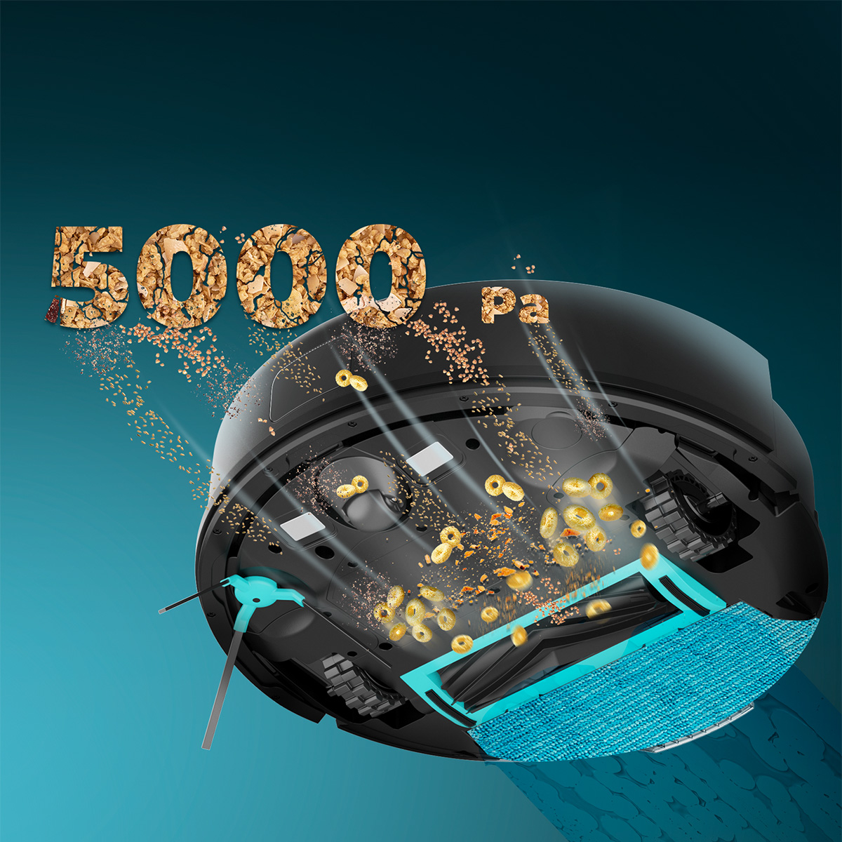 Unteransicht eines schwarzen Saugroboters, der Muesli und Kroemchen mit 5000 Pa saugt.