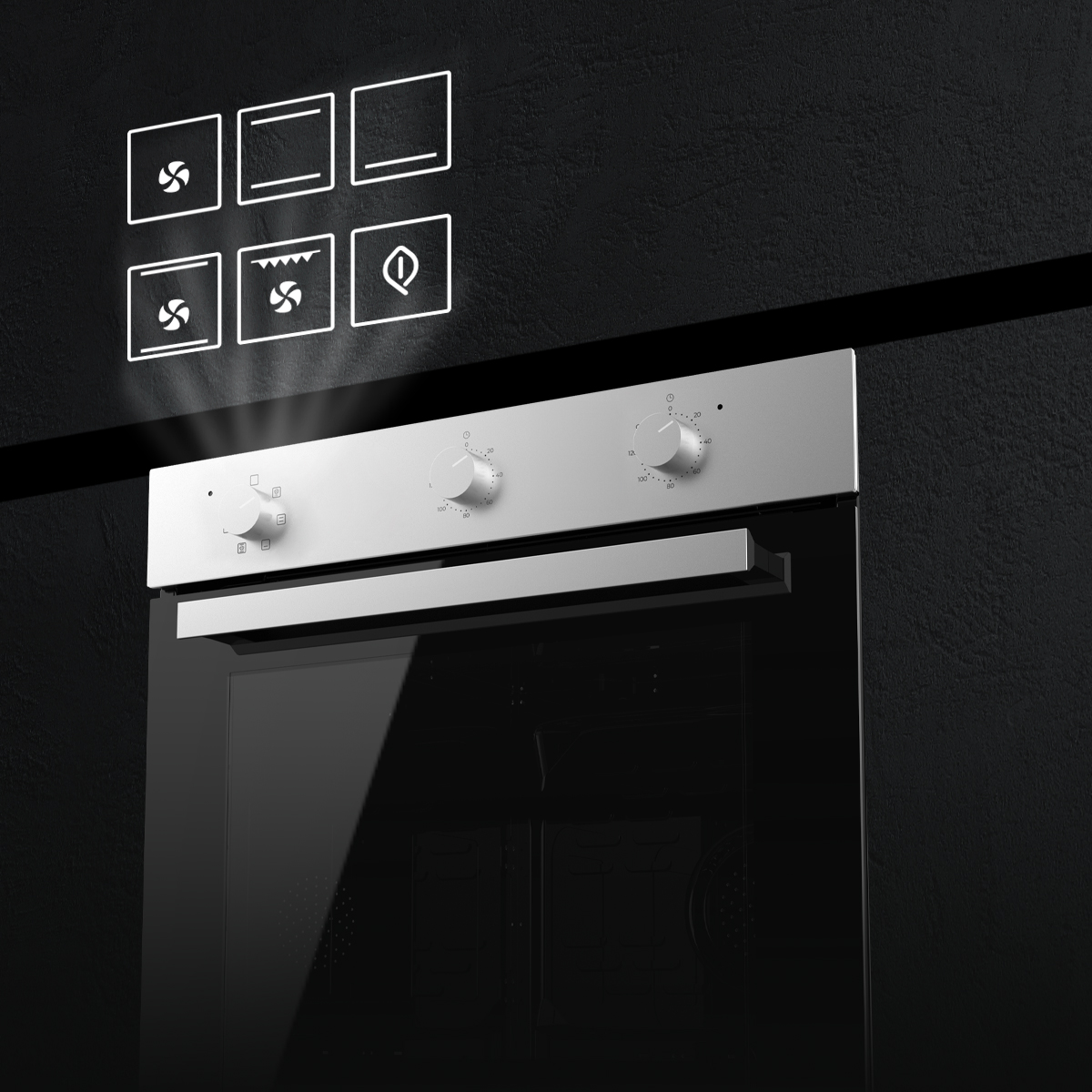 Un horno empotrable negro con tres mandos plateados y símbolos de función blancos iluminados en la pared.