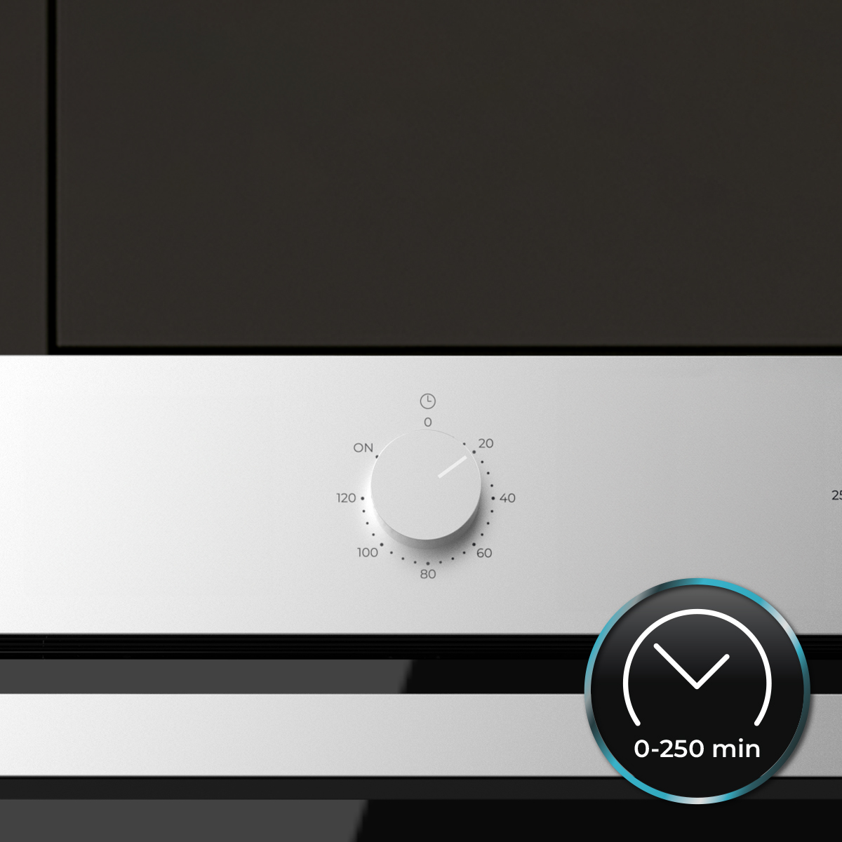 Un mando plateado en un horno con escala de 0 a 120 minutos y una superposición de "0-250 min".