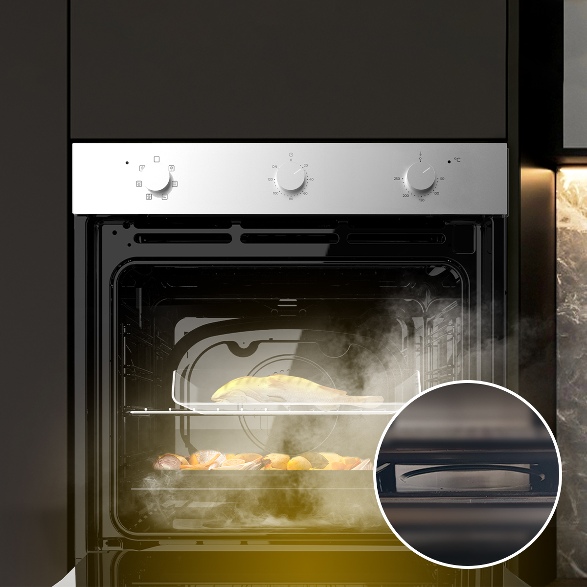 Horno negro moderno empotrado con pescado al vapor en la rejilla superior y verduras abajo.