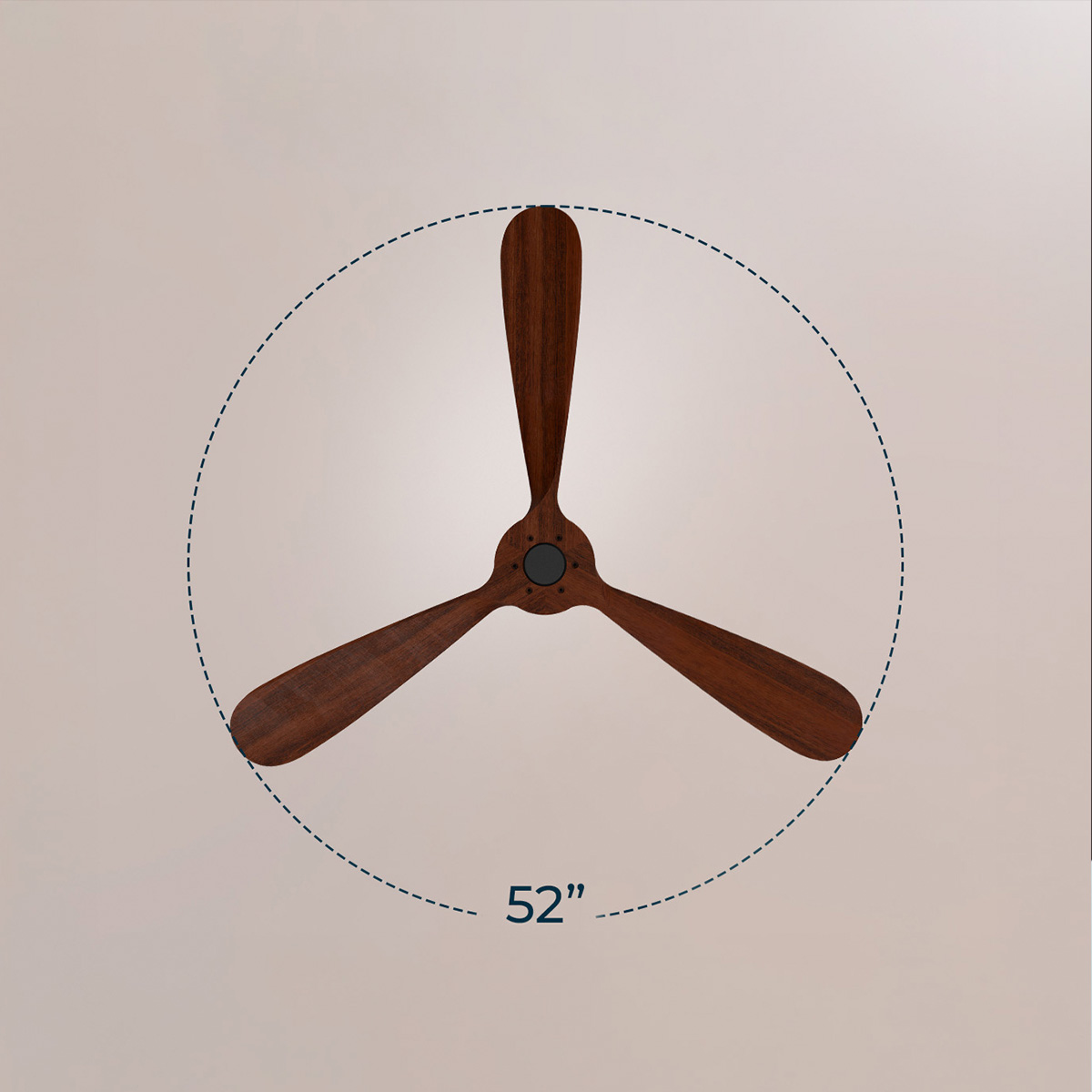 Ventilador de techo de madera marrón de tres aspas de 52 pulgadas visto desde abajo, dentro de una línea circular.