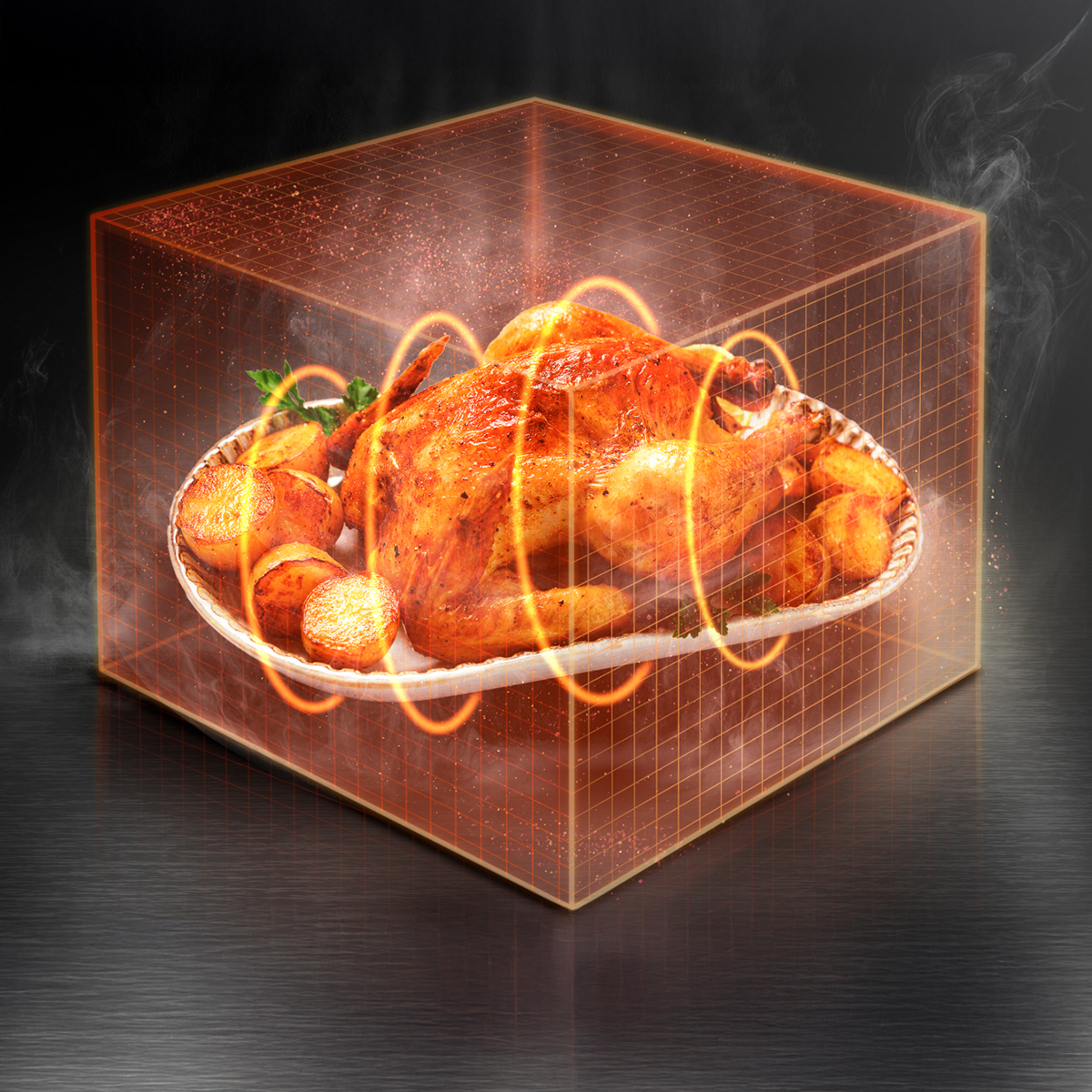 Pollo asado y patatas en una bandeja, encerrados por un cubo de rejilla naranja con ondas de calor.