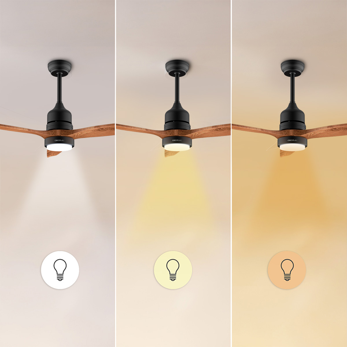 Un ventilador de techo negro con aspas de madera, que muestra tres temperaturas de color de luz diferentes.