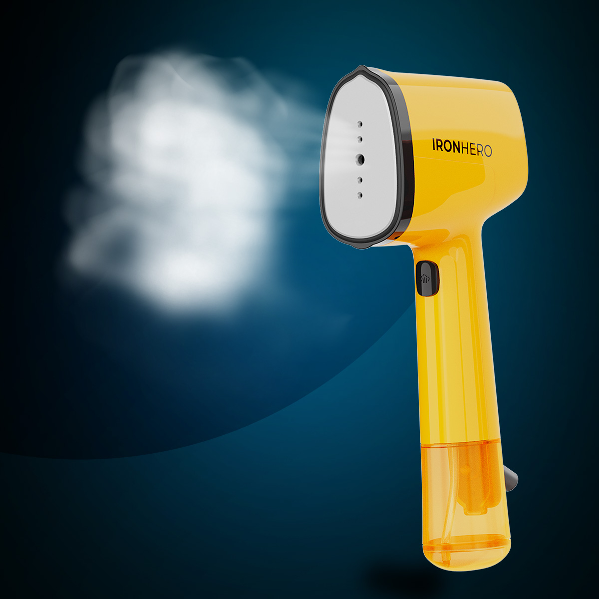 Un vaporizador de ropa manual amarillo emite vapor sobre un fondo azul oscuro.