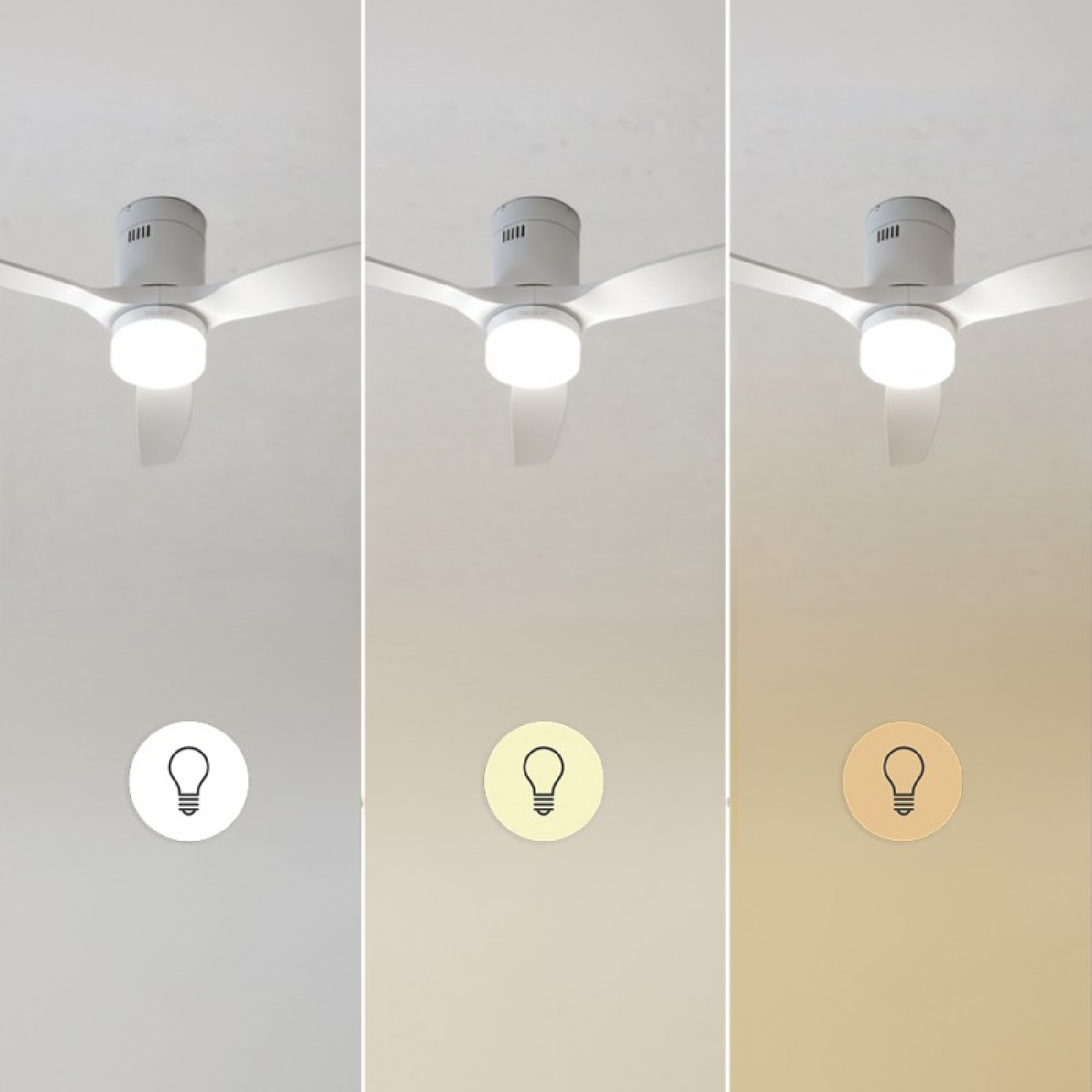 Tres paneles que muestran un ventilador de techo blanco con iluminación integrada en tonos blanco frío, neutro y amarillo cálido.
