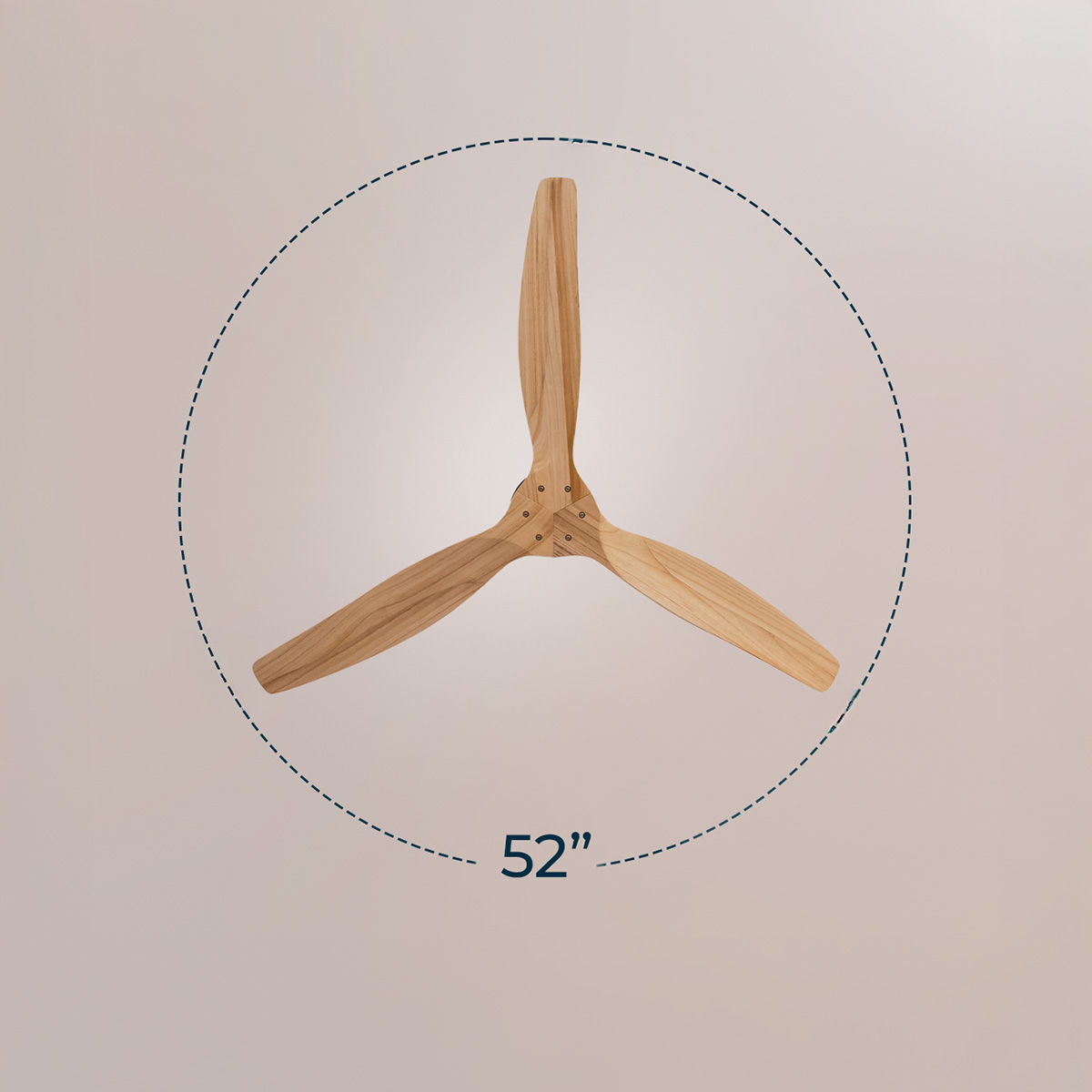 Ein 52-Zoll Deckenventilator mit drei Holzflügeln in einem gestrichelten Kreis auf beigem Hintergrund.