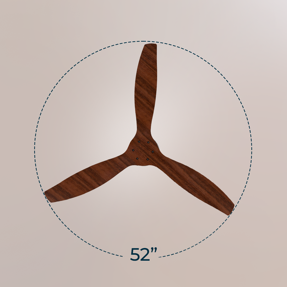 Un ventilador de techo de madera de tres aspas dentro de un círculo discontinuo con texto de 52 pulgadas.