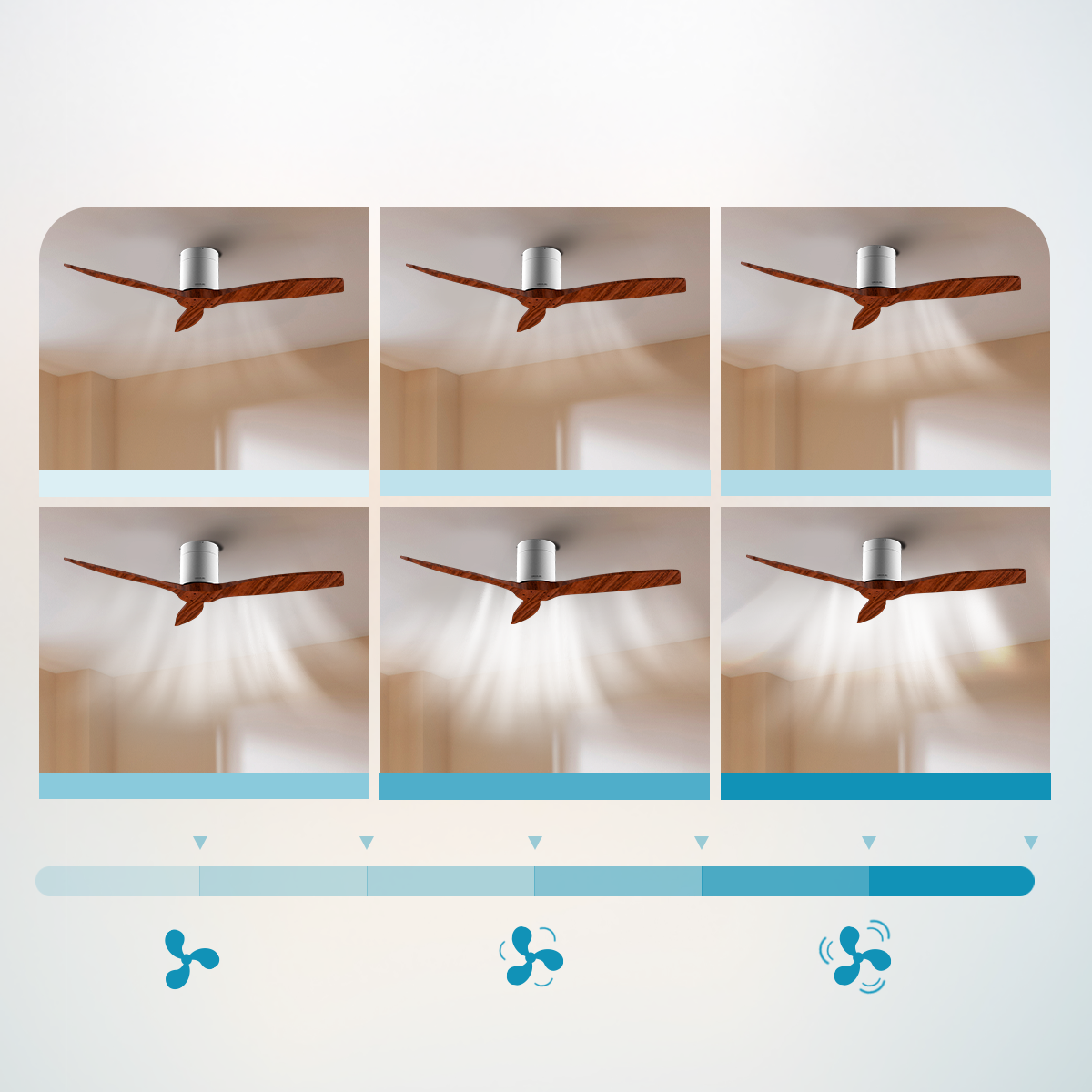 Seis imágenes muestran un ventilador de techo con aspas de madera funcionando a diferentes niveles.