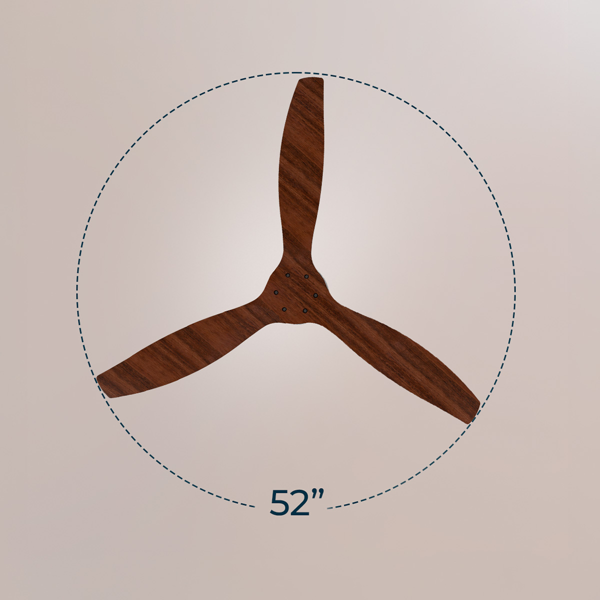 Un ventilador de techo de madera de tres aspas centrado dentro de una línea circular discontinua de 52 pulgadas.