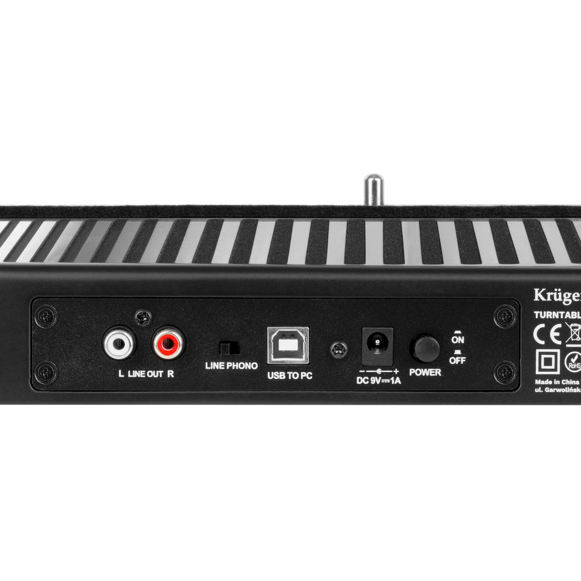 Tylny panel urządzenia audio z wyjściami RCA, przełącznikiem phono, portem USB, gniazdem zasilania i włącznikiem.