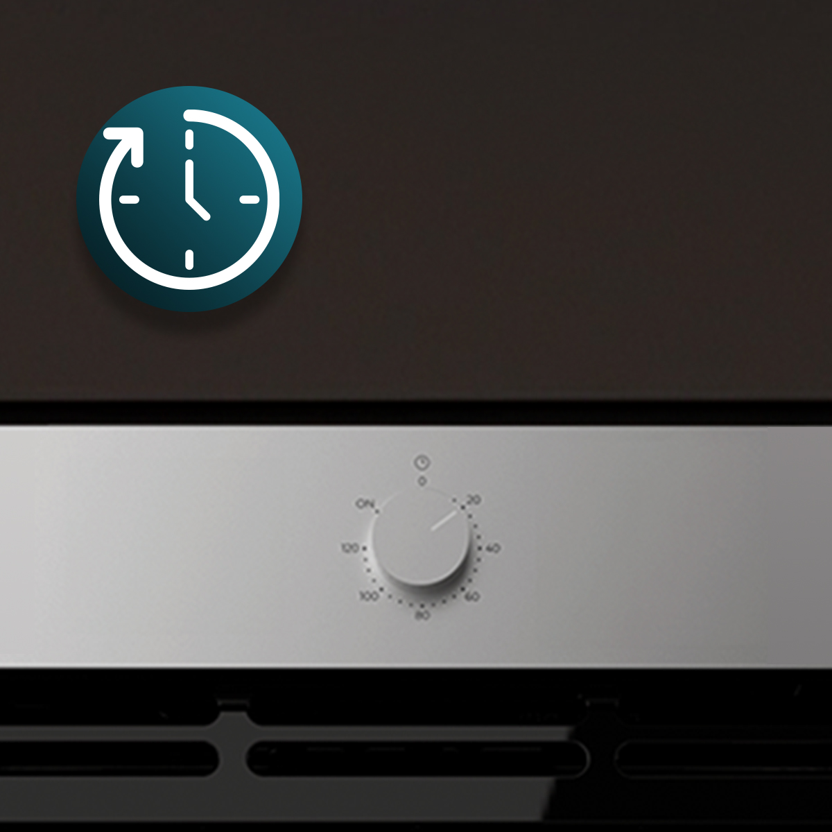 Un icono de reloj azul redondo y una perilla de control plateada en un horno.