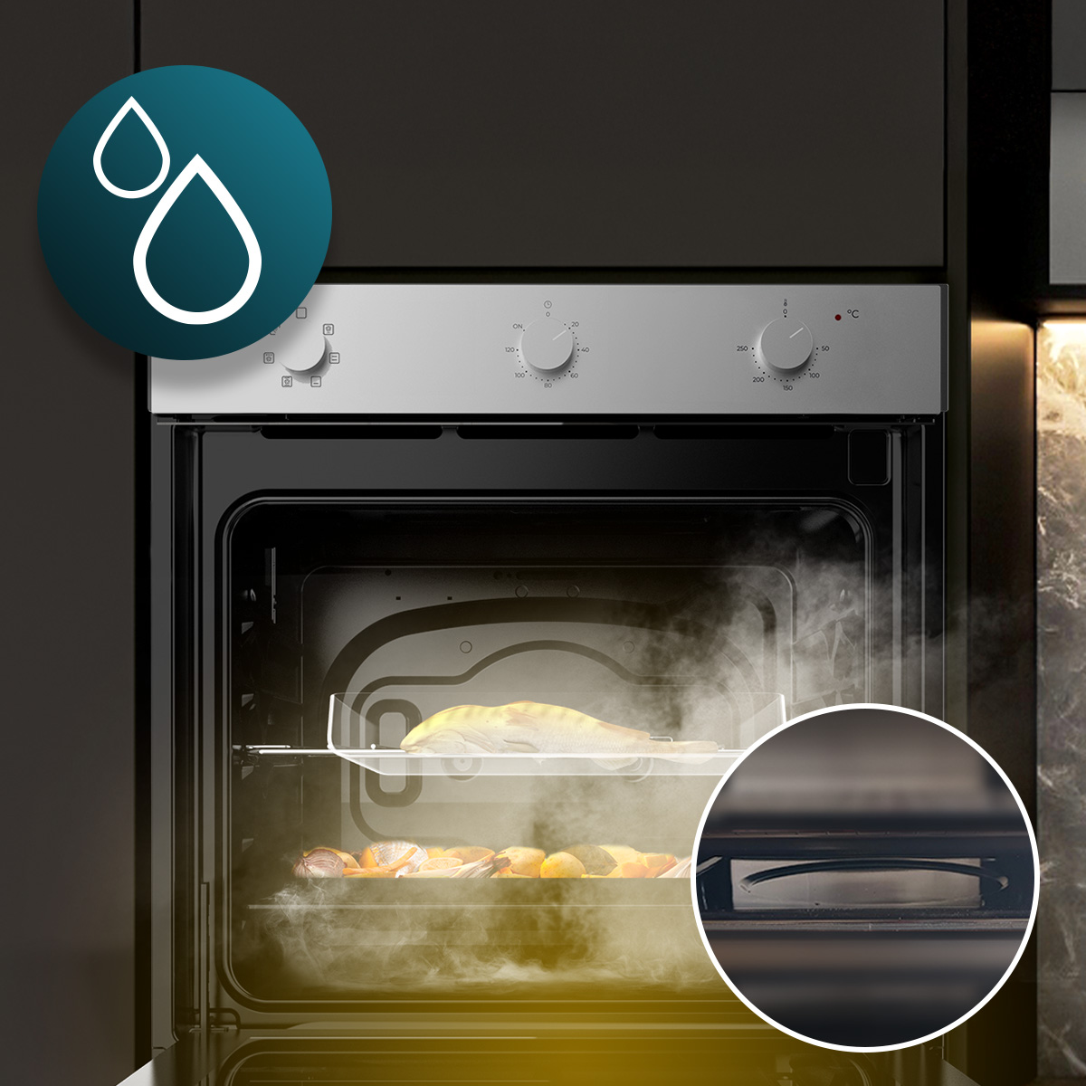 Un horno empotrado moderno hornea pescado y verduras con vapor, con panel de control e icono de gota.