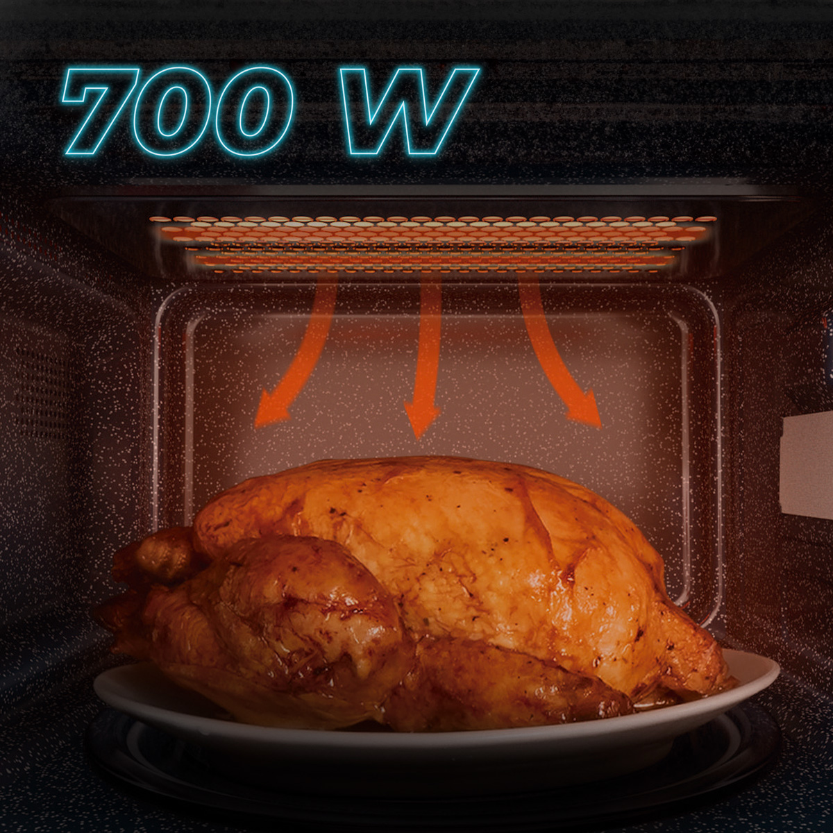 Un pollo entero asado en un plato dentro de un microondas con el texto 700W.