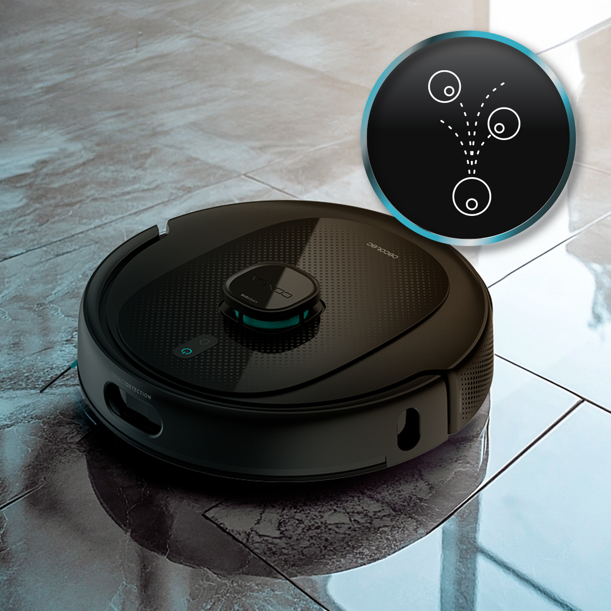 Un aspirapolvere robot nero su pavimento piastrellato, con un'icona circolare che illustra l'evitamento degli ostacoli.