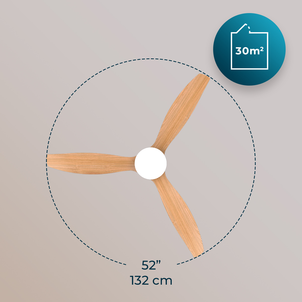 Ventilador de techo de madera con tres aspas y luz blanca, 132 cm de diámetro.