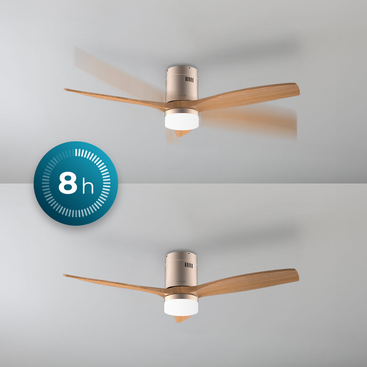 Ventilador de techo de madera con luz y temporizador de 8 horas.