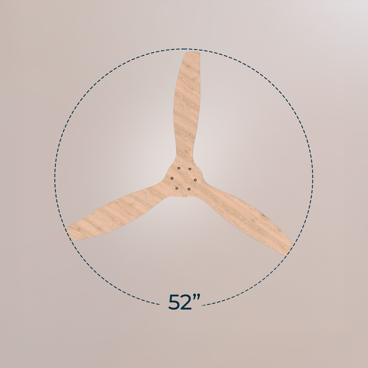 Tres aspas de ventilador de techo de madera dentro de una línea circular discontinua con la etiqueta de 52 pulgadas.