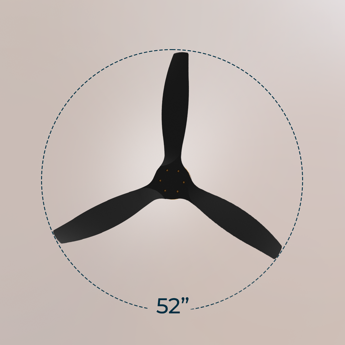 Un ventilador de techo negro de tres aspas con un diámetro de 52 pulgadas, mostrado dentro de una línea punteada.