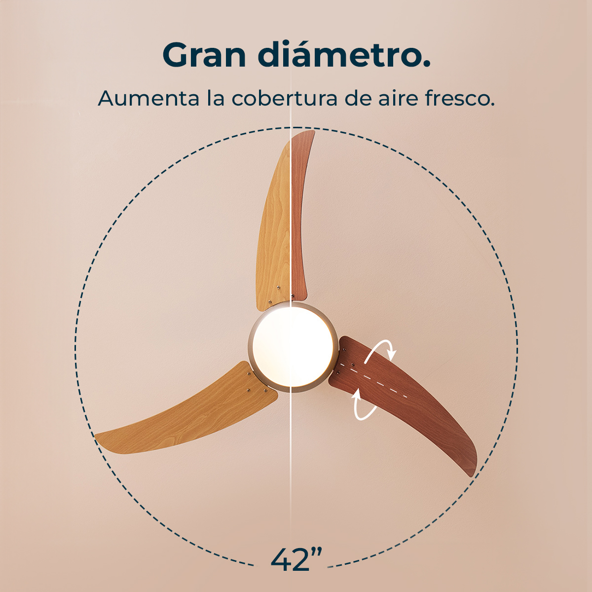 Ventilador de techo de 42 pulgadas con luz y aspas de madera reversibles, visto desde abajo sobre fondo beige.