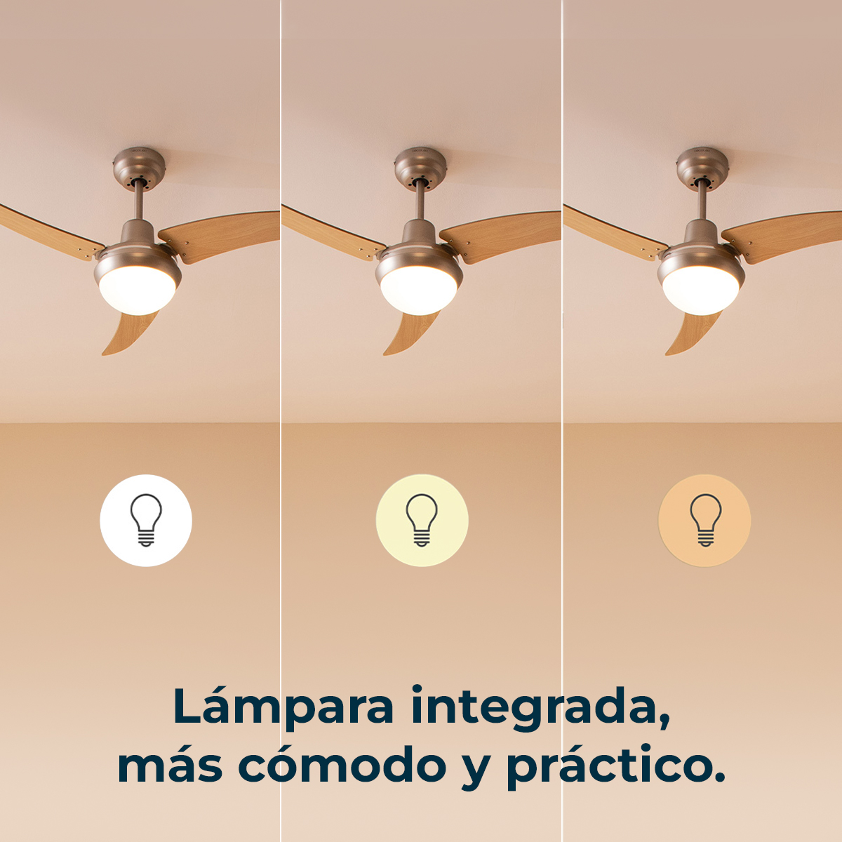 Ventilador de techo con aspas de madera y luz LED integrada regulable en tres temperaturas de color.