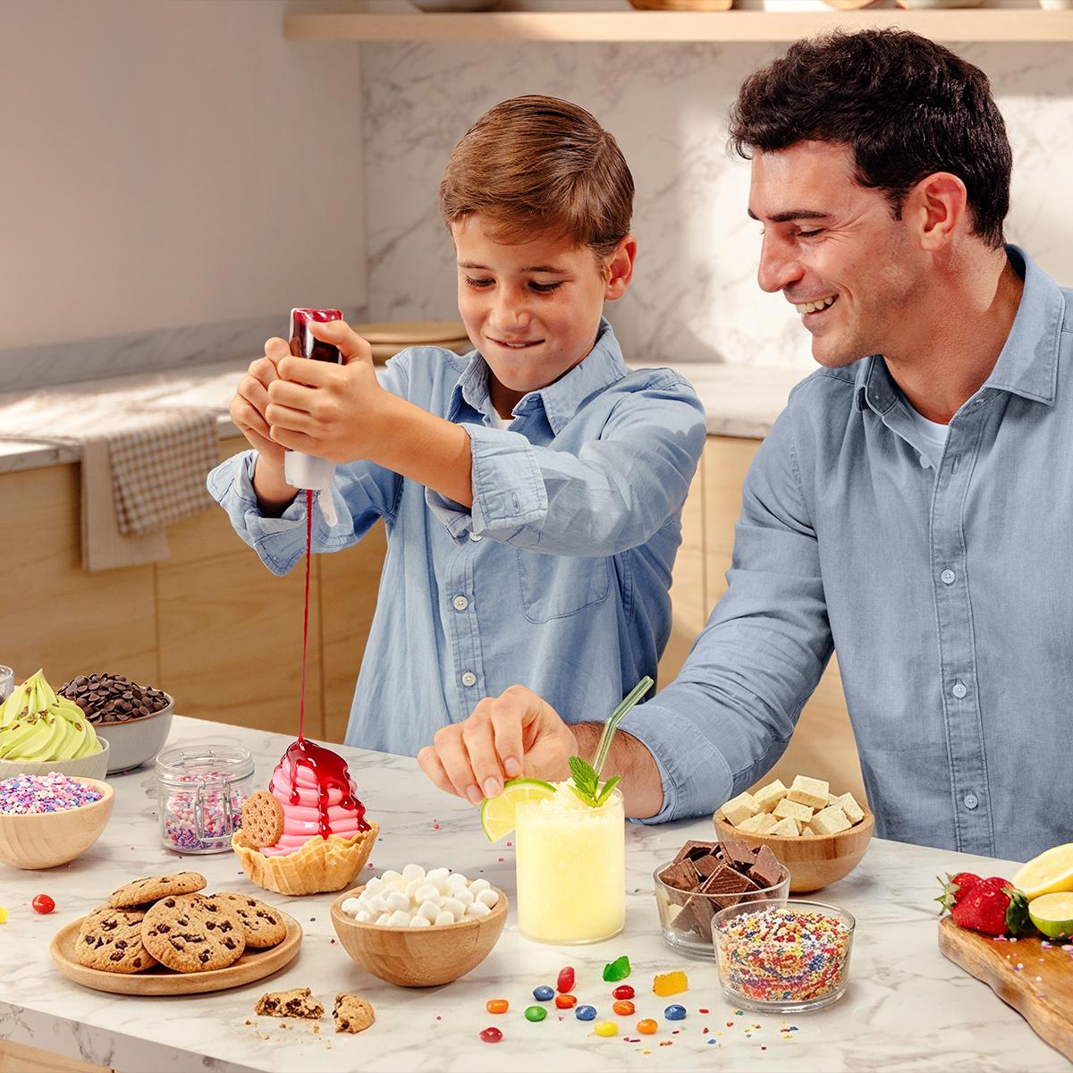 Un ragazzo e un uomo decorano gelato e bevande con vari condimenti in cucina.