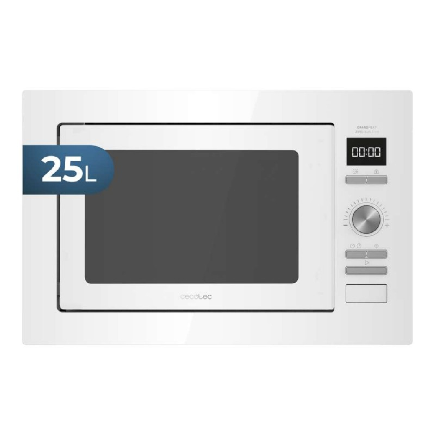Microonde da incasso bianco con display digitale e manopola a destra.